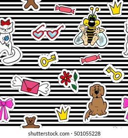 Cute fashion seamless pattern with patch badges. Mouth, lips, smile, lipstick, language. Striped background.