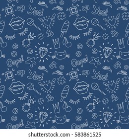 Cute fashion seamless pattern with patch badges: lips, heart, eyes, ring, star, cat, lashes, ice cream, sequins. Vector trendy illustration.