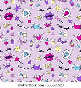 Cute Fashion Seamless Pattern With Patch Badges: Lips, Heart, Eyes, Ring, Star, Cat, Lashes, Ice Cream, Sequins. Vector Trendy Illustration.