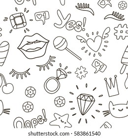 Cute fashion seamless pattern with patch badges: lips, heart, eyes, ring, star, cat, lashes, ice cream, sequins. Vector trendy illustration.