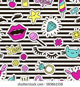 Cute fashion seamless pattern with patch badges: lips, heart, eyes, ring, star, cat, lashes, ice cream, sequins. Vector trendy illustration.