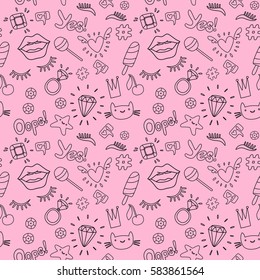 Cute Fashion Seamless Pattern With Patch Badges: Lips, Heart, Eyes, Ring, Star, Cat, Lashes, Ice Cream, Sequins. Vector Trendy Illustration.