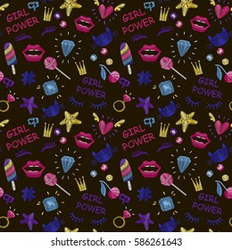 Cute fashion seamless pattern with patch badges: lips, heart, eyes, ring, star, cat, lashes, ice cream, sequins. Vector patch badges embroidery set.