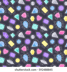 Cute fashion seamless pattern with patch badges: gems and diamonds in different colors. Vector trendy illustration.