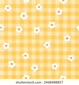 Cute fashion seamless pattern in style of picnic. Scottish tartan Vichy plaid with ditsy flowers, print for fabric, wrapping paper, package, banner, card. Classic textile print vector background.