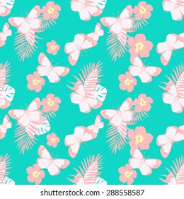 Cute fashion seamless tropical jungle floral pattern.Tropical romantic summer vector wallpaper print .Backdrop texture