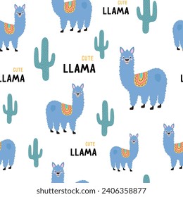 cute fashion sweet llama seamless pattern, american wild animals drawing texture, background in scandinavian style, flat vector illustration