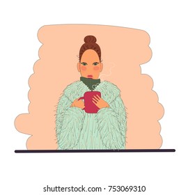 Cute fashion young woman drinking hot coffee outside. Winter illustration. Vector.