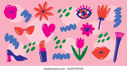 cute fashionable colorful hand drawn female things with fun abstract elements vector set for decorating your artwork