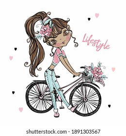 Cute fashionable dark skinned teen girl with Bicycle. My life. Vector.