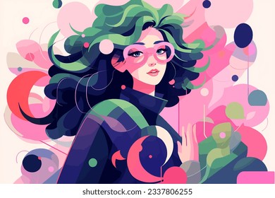 A cute and fashionable girl gazes into the camera. Vibrant shapes and colors rotate around her.