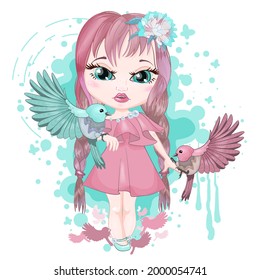 Cute fashionable girl in a pink dress is holding birds. Child with colorful birds