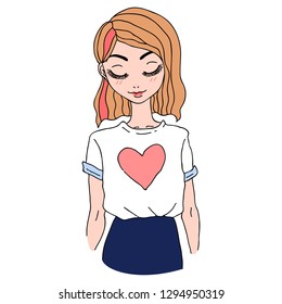 Cute fashionable girl in white t-shirt with pink heart and stripe in hair vector cartoon colorful illustration isolated on white background