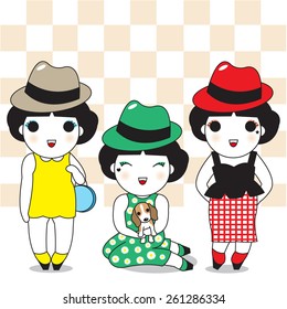 Cute Fashionable Girls Character with Check Pattern Background illustration