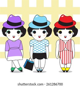 Cute Fashionable Girls Character with Check Pattern Background illustration