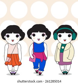 Cute Fashionable Girls Character with Dot Pattern Background illustration