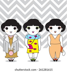 Cute Fashionable Girls Character with Pattern Background illustration