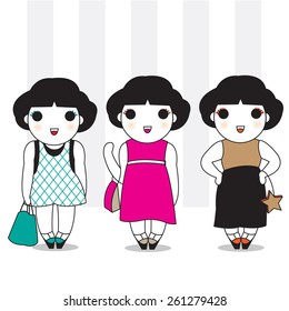 Cute Fashionable Girls Character with Stripe Pattern Background illustration set