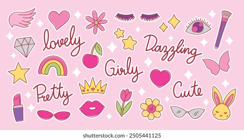 cute fashionable hand drawn girly graphic element vector set with white outline for decorating your artwork