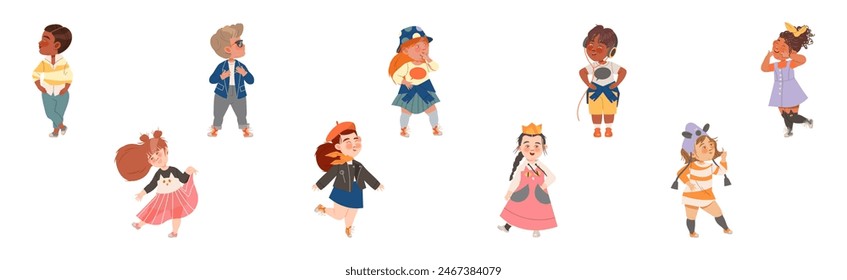 Cute Fashionable Kids Wear Trendy Clothing Vector Set