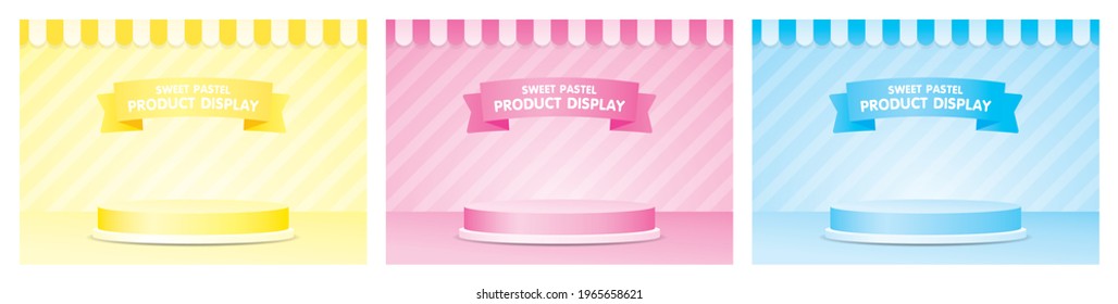 Cute fashionable product display podium with awning and striped wall 3d illustration vetor set in girly pastel color theme consists of yellow pink and blue.