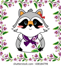Cute fashionable raccoon girl with smiling face, blue eyes and flowers on hand. Portrait with vintage flower square frame. Vector cartoon illustration in flat style. Black, white, orange, lilac print