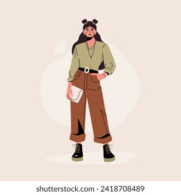 Cute fashionable woman. Cartoon female character wearing casual clothes and accessories, fashion girl in trendy outfit, vogue social media influencer. Vector flat illustration.
