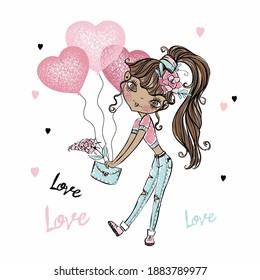 Cute Fashionista Dark-skinned Teen Girl Balloons With Hearts. Valentine's Card. Vector.