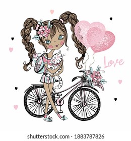 Cute fashionista dark-skinned teenage girl with a cat, a Bicycle and balloons with hearts. Valentine card. Vector.