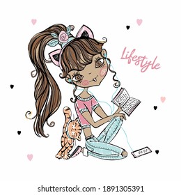 Cute Fashionista Dark-skinned Teenage Girl With A Cat Resting At Home With A Player And A Book. Vector.