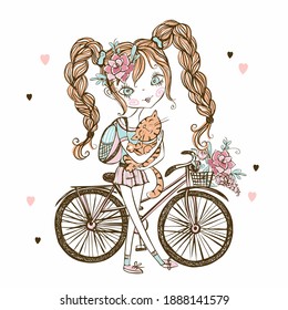 Cute fashionista teen girl with cat, Bicycle . My life. Vector.