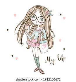 Cute Fashionista Teen Girl In Glasses With A Cup Of Coffee. My Life. Vector.