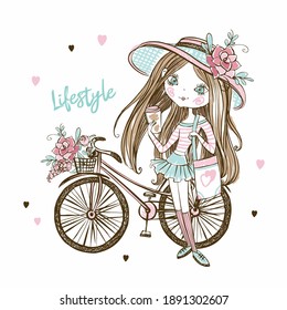 Cute fashionista teenage girl in a hat with a Bicycle. My life. Vector.