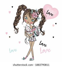 Cute fashionista teenage girl with her kitten and a balloon in the shape of a heart. Valentine card. Vector.