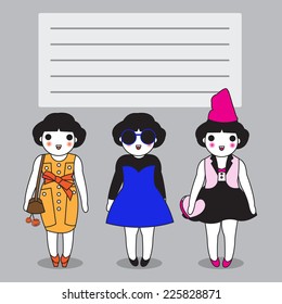 Cute Fashionistas paper note illustration set