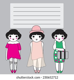 Cute Fashionistas paper note illustration set