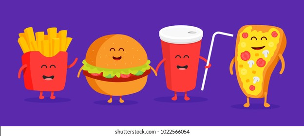 Cute fast food burger, soda, french fries and pizza. Vector cartoon character. Friends forever