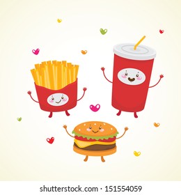 Cute fast food: burger, soda, french fries