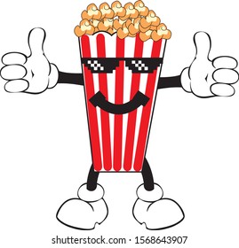 Cute fast food character. Colorful cartoon food character. Emoticon cinema snack in 3D glasses