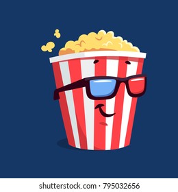 Cute Fast Food Character. Colorful Cartoon Food Character. Emoticon Cinema Snack In 3D Glasses