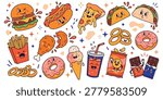 Cute Fast Food Characters Collection with Kawaii Burger Pizza and Snacks Vector