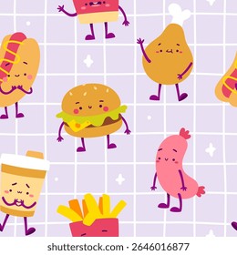Cute fast food characters pattern. Seamless vector print with cartoon street food.