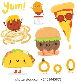 Cute Fast Food Characters - Pizza, Burger, Taco, Onion Rings, Dipper, Meatball, Spaghetti