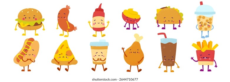 Cute fast food characters set. Cartoon textured street food collection. Vector fast food bundle.