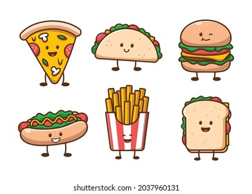 Cute fast food doodle set. A set of junk food cartoon vector consist of pizza, tacos, burger, hot dog, french fries and sandwich. Perfect for food product, meal menu and restaurant poster.