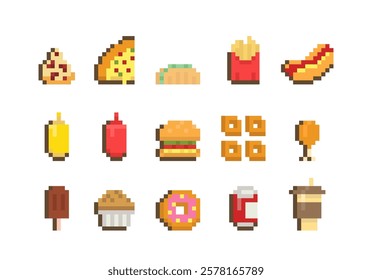 Cute fast food and drink icon in pixel art style, tasty snack 8 bit design, bistro street meal mosaic element set. French fries, burger, hot-dog, ice-cream, coffee, tacos, nuggets vector illustration