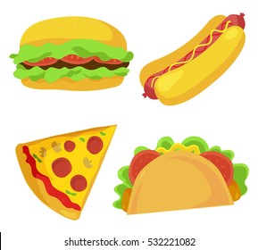 Cute fast food icons set. Vector illustration for restaurant menu design. Burger, hot dog, pizza, junk food cartoon icon isolated on white background