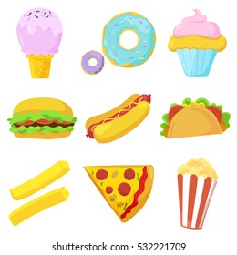 Cute fast food icons set  Vector illustration for restaurant menu design  Burger  hot dog  sandwich  french fries potato  pizza  popcorn  donut  ice cream  cupcake  fast food cartoon icon