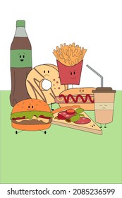 Cute fast food with legs and eyes. Fun food.