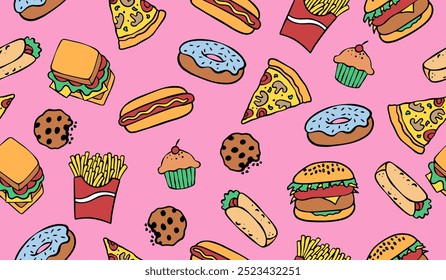 Design de vetor de fundo de padrão de fast food bonito
